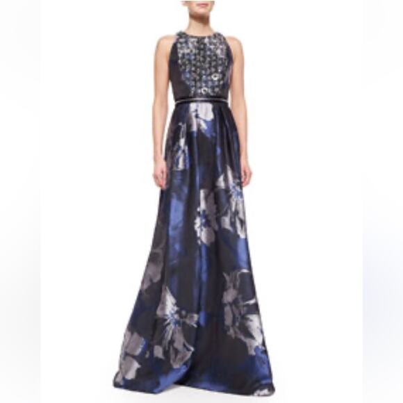 CARMEN MARC VALVO Beaded Zipper detail Floral Evening Gown 14 M L